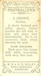 1933 Wills's Victorian Footballers (Small) #101 James Crowe Back